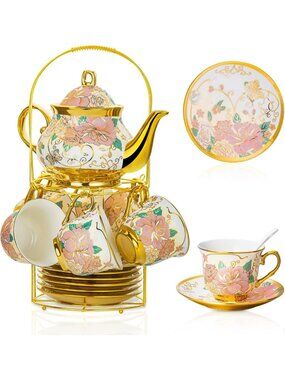 Elegant 20-Piece European Ceramic Tea Set with Metal Holder & Floral Design